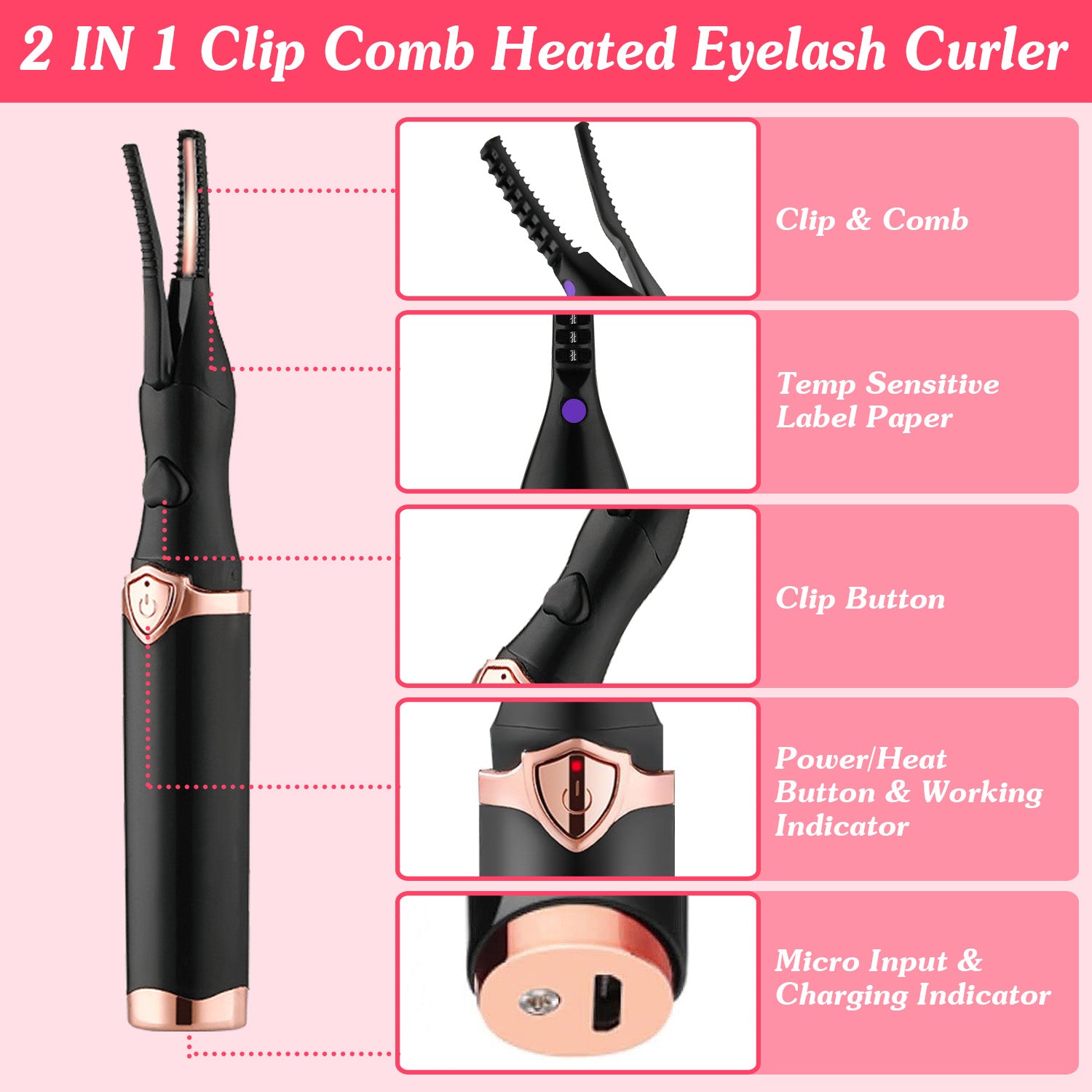 2-in-1 Electric Heated Eyelash Curler with Comb