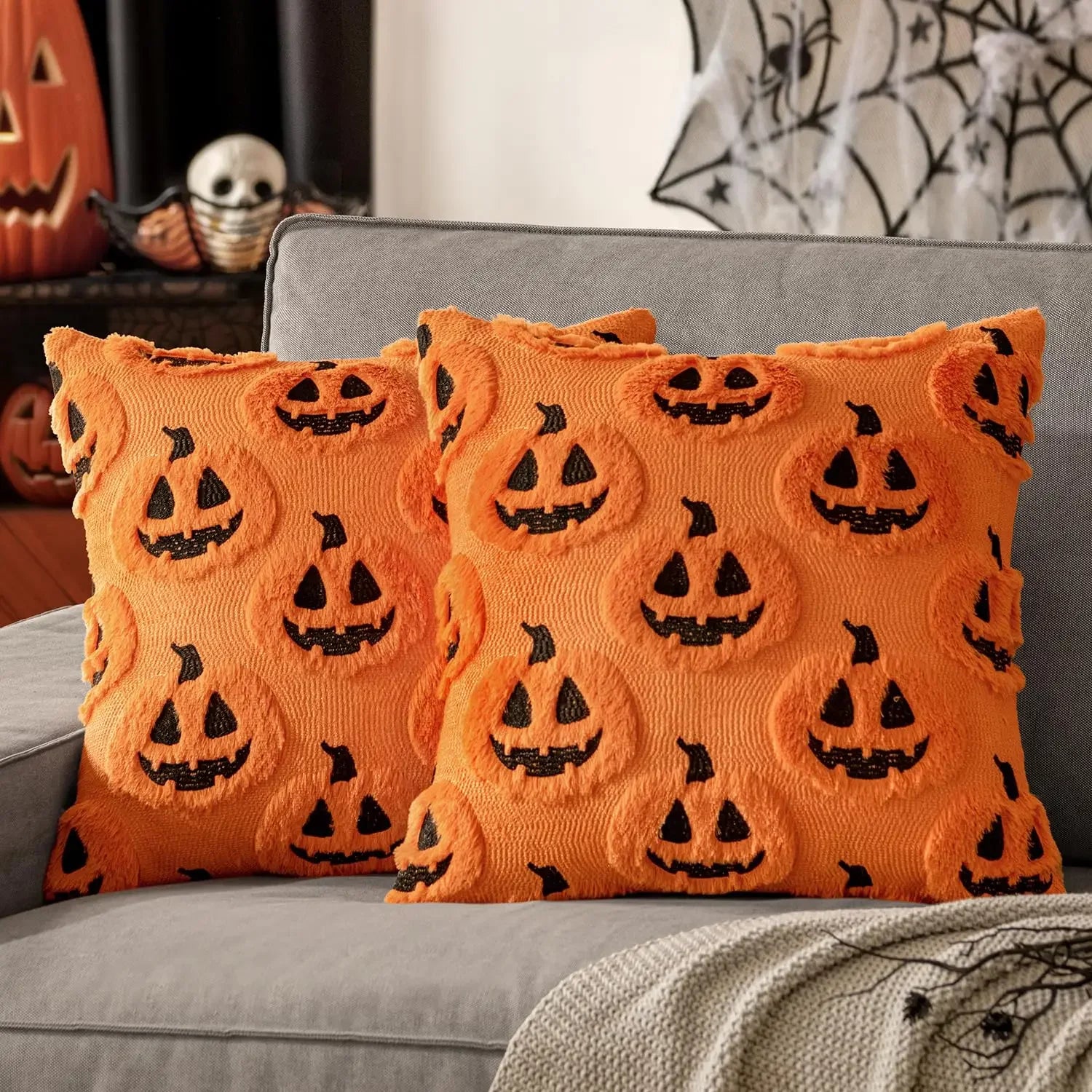 Halloween Pillow Covers,45x45,Decorative Pumpkin Pattern Pillowcase Soft Plush Faux Wool Cushions for Home Sofa Couch