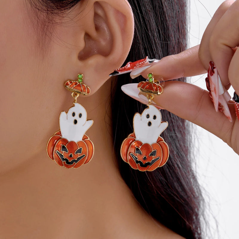 Halloween Pumpkin Dangle Earrings for Women Crystal Zircon Ghost Spider Long Tassel Dripping Oil Earring Party Festival Jewelry