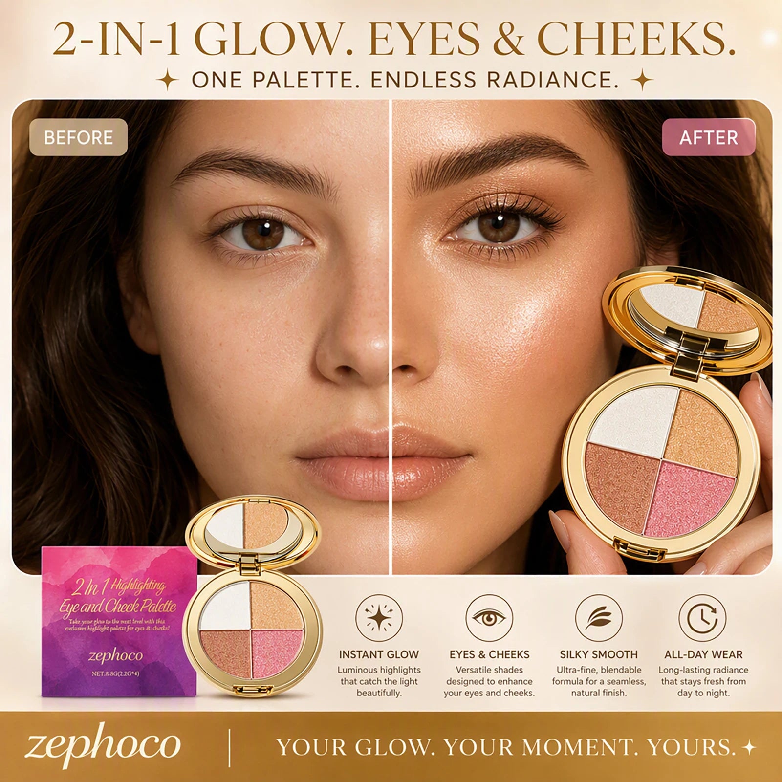 Zephoco 4 Color Highlight Eye and Cheek Makeup Palette