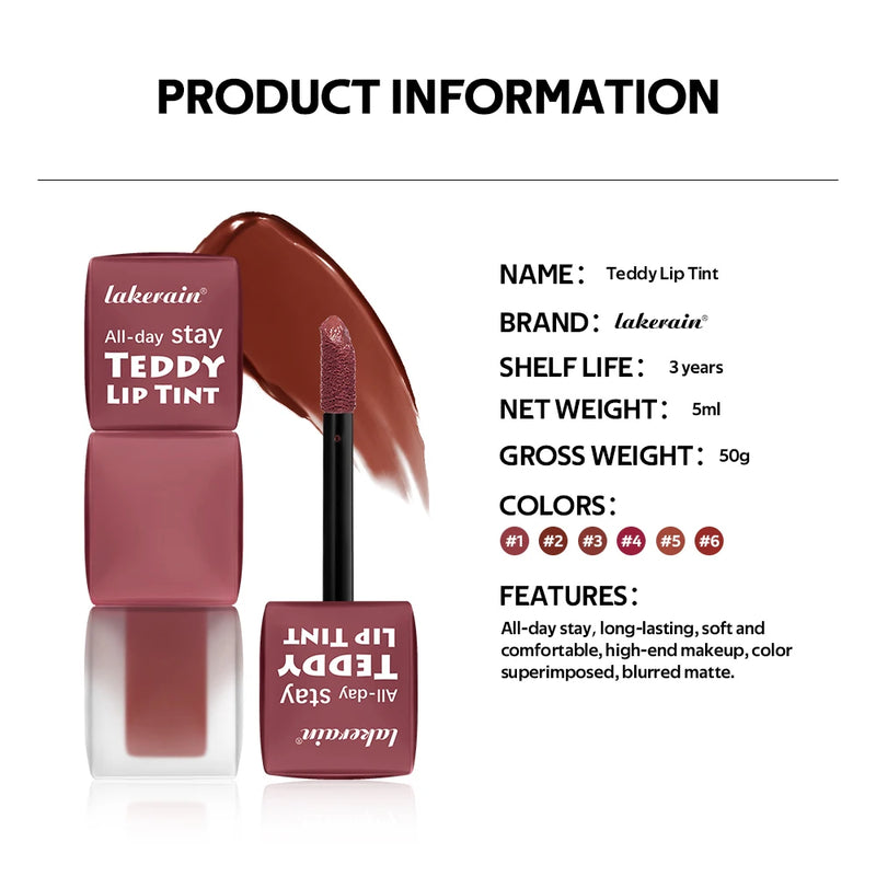 Lakerain Waterproof Teddy Lip Gloss Velvet Matte Lip Mud Long-lasting Coloring Lipstick Light Non-transfer Lip Glaze Face Makeup