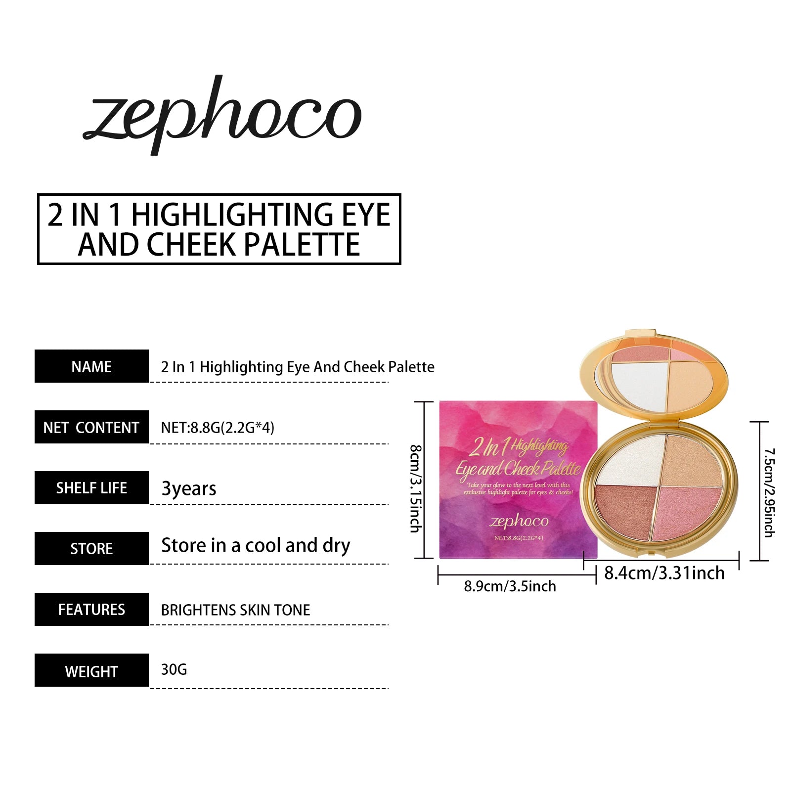 Zephoco 4 Color Highlight Eye and Cheek Makeup Palette