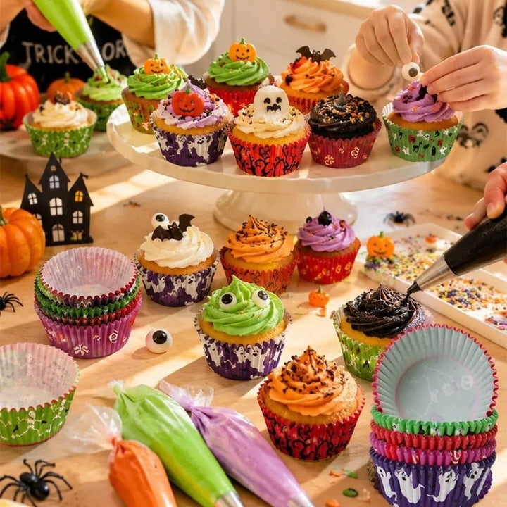 100PCS Halloween Cupcake Liners Ghost Pumpkin Muffin Baking Cups Wrapper Tray Holder DIY Party Candy Cake Decorations Supplies