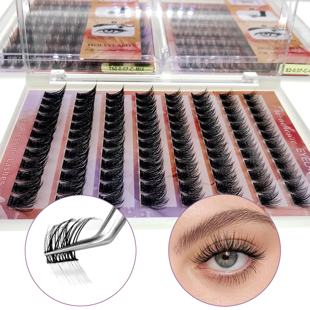 HOLLYLASH Self Adhesive Cluster Lashes Press on Pre Glued Eyelashes Volume Soft No Glue Needed Eyelash Extension Makeup Tools