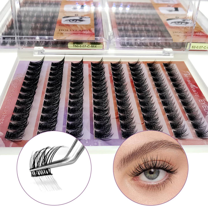 HOLLYLASH Self Adhesive Cluster Lashes Press on Pre Glued Eyelashes Volume Soft No Glue Needed Eyelash Extension Makeup Tools