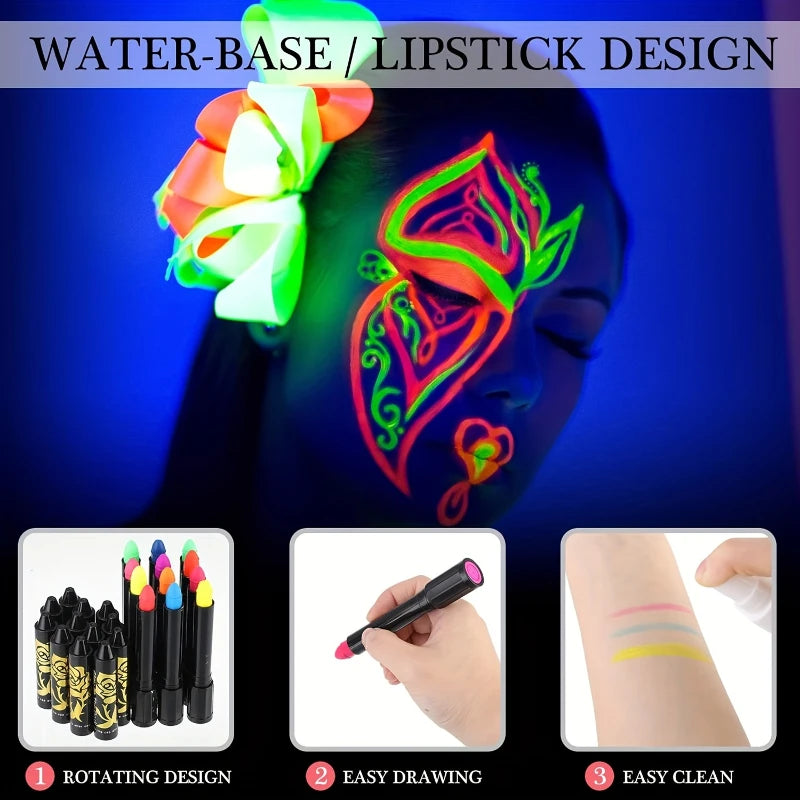 12pcs UV Neon Face Body Paint Kit,Fluorescent Glow in The Dark Face Paint Crayons Sticks for Mardi Halloween Masquerade Makeup