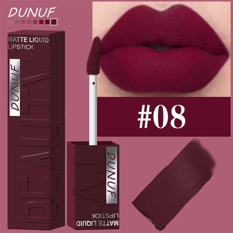 DUNUF 8-Color Matte Velvet Smooth Easy-to-Apply Square Tube Lip Gloss Waterproof Three-Dimensional Plumping Lipstick