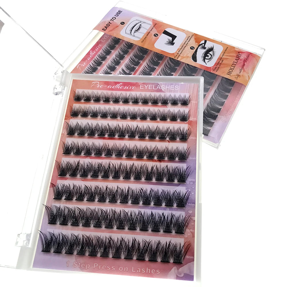 HOLLYLASH Self Adhesive Cluster Lashes Press on Pre Glued Eyelashes Volume Soft No Glue Needed Eyelash Extension Makeup Tools