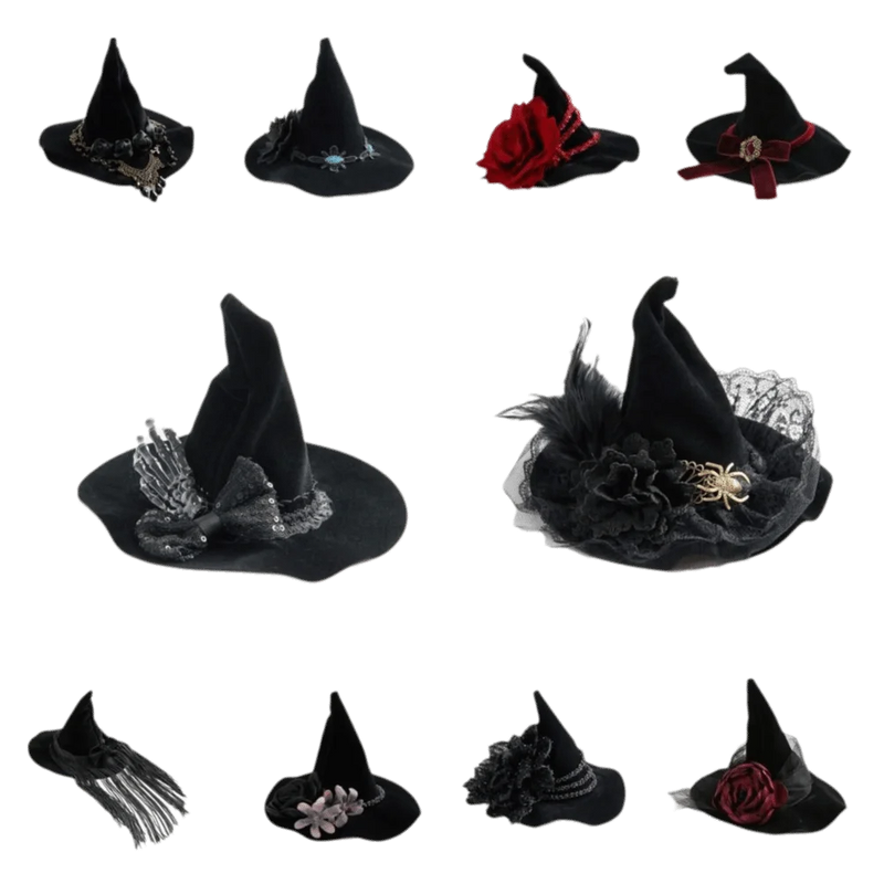 Flower Witch Hat Hair Clip Skull Spider Gothic Style Halloween Hair Clip Headdress Dark Black Witch Hairpins Cosplay