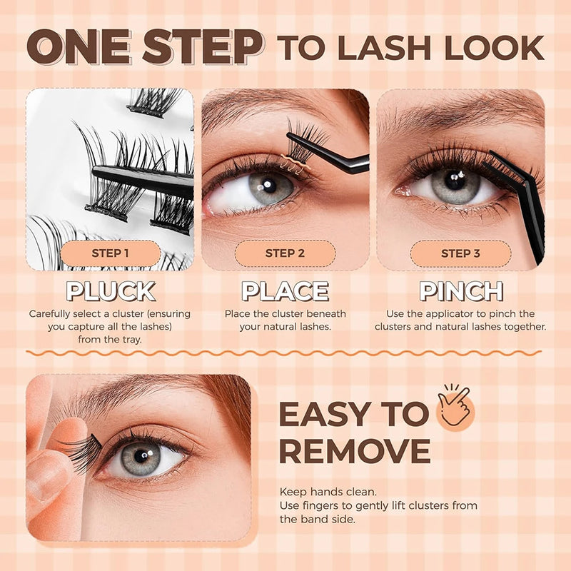 HOLLYLASH Self Adhesive Cluster Lashes Press on Pre Glued Eyelashes Volume Soft No Glue Needed Eyelash Extension Makeup Tools