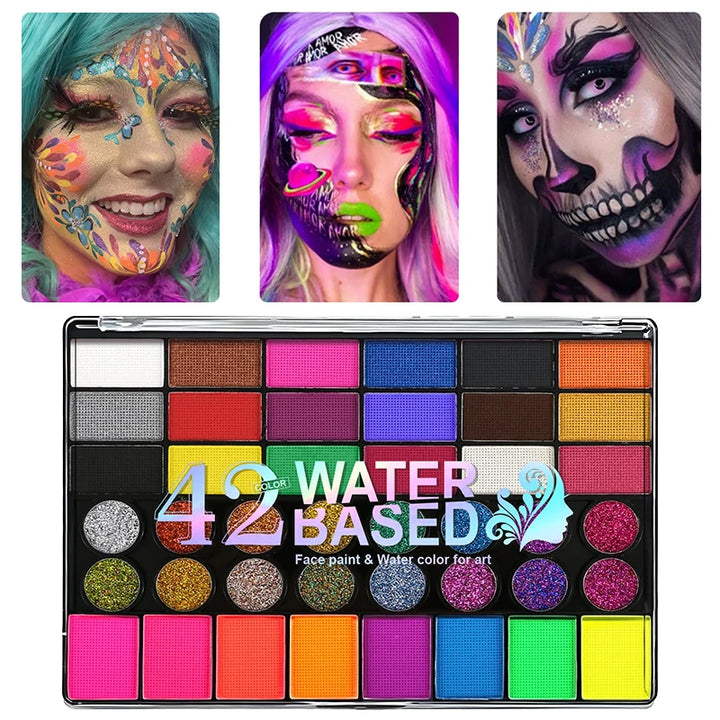 Painted 42 Colors Face Paint Kit for Kids, Non-Toxic Water Activated Face Paint Palette with Brushes, For Carnival, Halloween