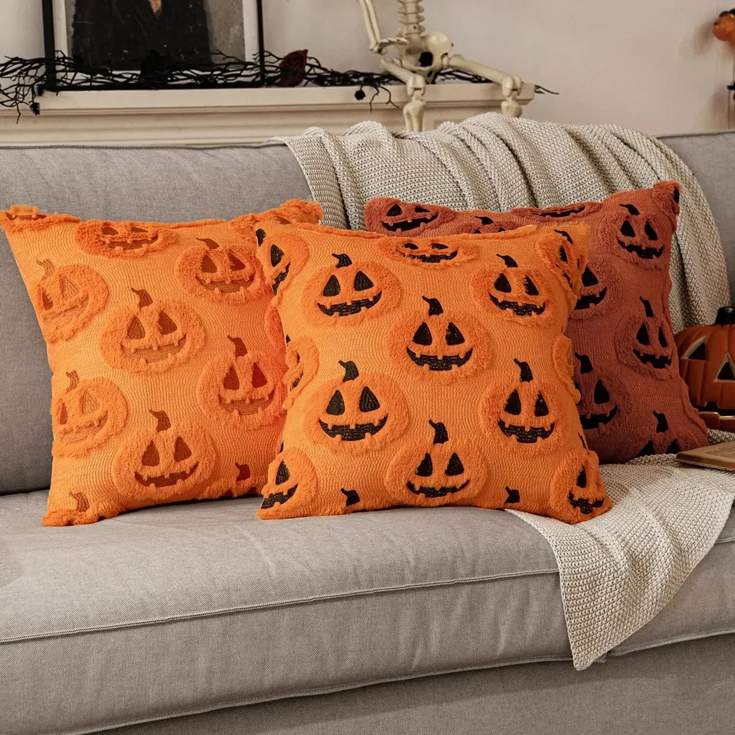 Halloween Pillow Covers,45x45,Decorative Pumpkin Pattern Pillowcase Soft Plush Faux Wool Cushions for Home Sofa Couch