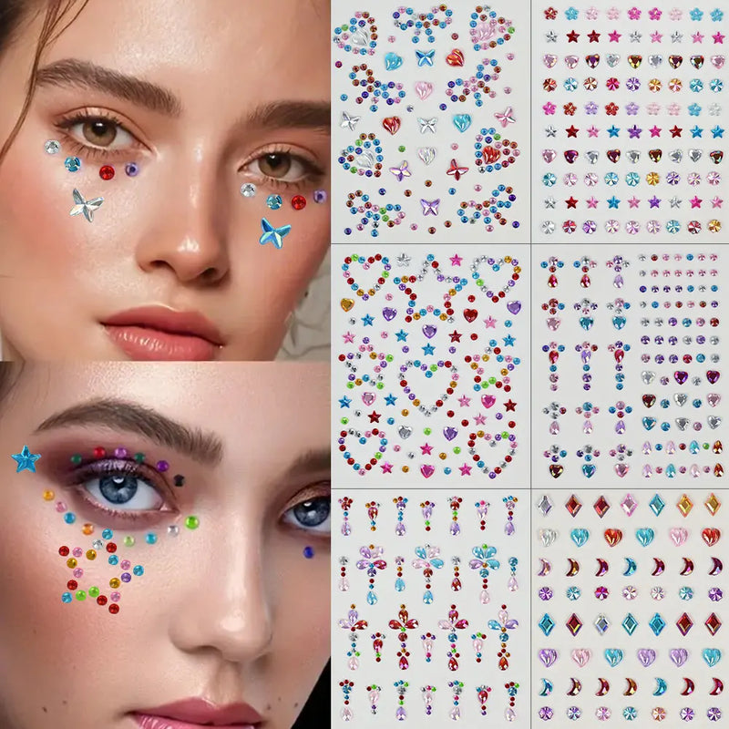 1pcs Laser Sparkle Stars Diamond/Pearls Face Gems Stickers Heart Moon Shape Rhinestones for Eyes/Face Stickers Temporary Tattoos