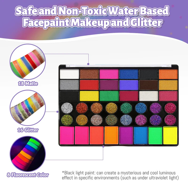 Painted 42 Colors Face Paint Kit for Kids, Non-Toxic Water Activated Face Paint Palette with Brushes, For Carnival, Halloween