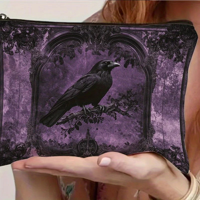 1pc Retro Witch Gothic Resin Makeup Bag with Safety Zipper - Vintage Purple Raven & Ornate Frame Design