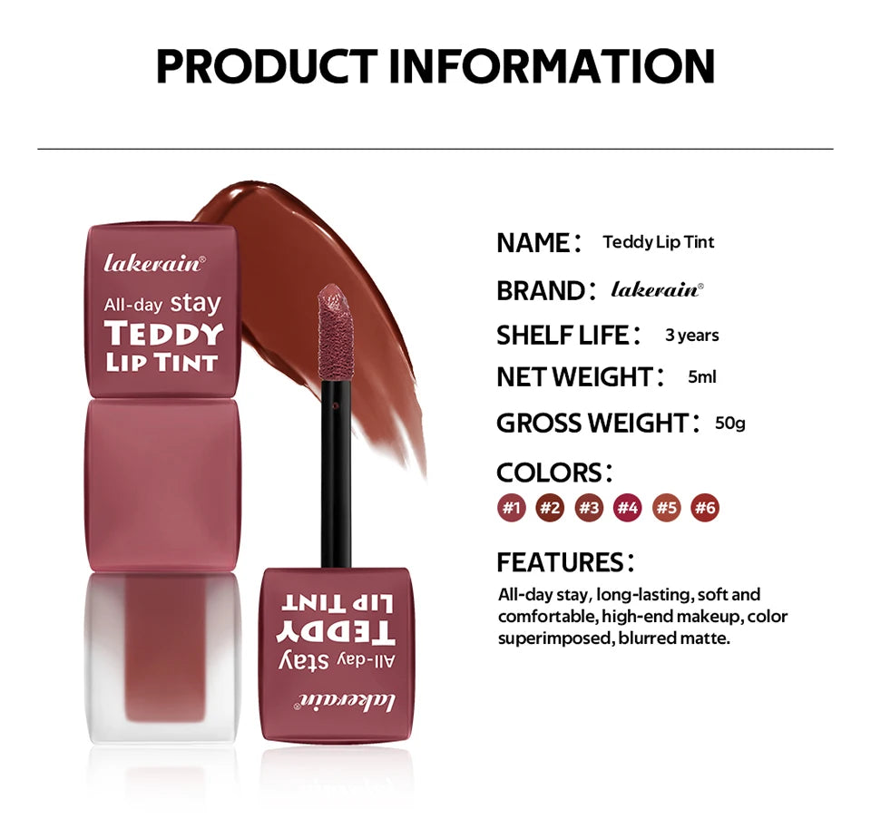 Lakerain Waterproof Teddy Lip Gloss Velvet Matte Lip Mud Long-lasting Coloring Lipstick Light Non-transfer Lip Glaze Face Makeup