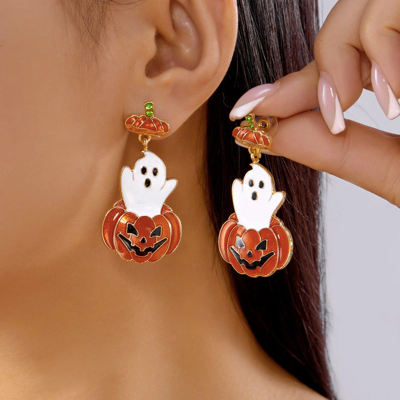 Halloween Pumpkin Dangle Earrings for Women Crystal Zircon Ghost Spider Long Tassel Dripping Oil Earring Party Festival Jewelry