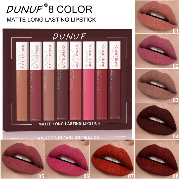 6Pcs/8Pcs Matte Color Lasting Lip Gloss Set Three-Dimensional Plastic Lips Waterproof Anti-Sweat Non-Stick Cup Lipstick Set