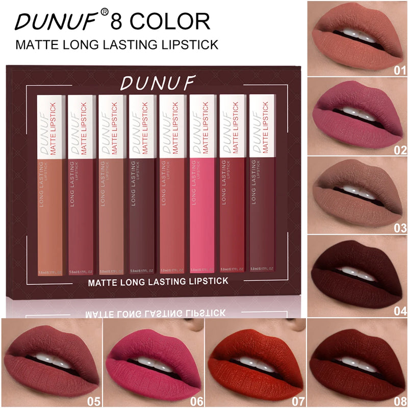 6Pcs/8Pcs Matte Color Lasting Lip Gloss Set Three-Dimensional Plastic Lips Waterproof Anti-Sweat Non-Stick Cup Lipstick Set