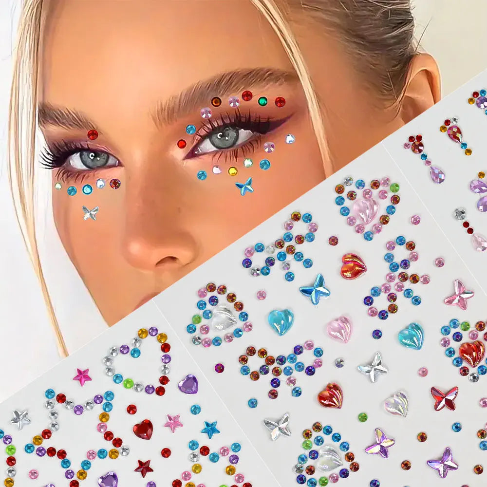 1pcs Laser Sparkle Stars Diamond/Pearls Face Gems Stickers Heart Moon Shape Rhinestones for Eyes/Face Stickers Temporary Tattoos