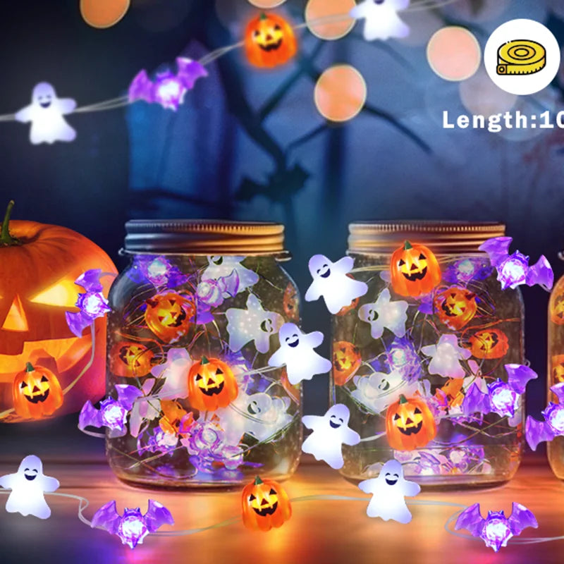 1pc 20/30 LED Halloween Copper Wire String Light With Mini Ghost Pumpkin Bat Fairy Lamp For Home Halloween Party Festival Decor