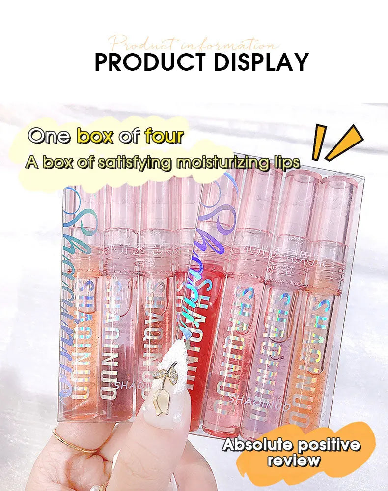 Four pack lip gloss set box, water gloss jelly lip gloss, moisturizing glass lips, not easy to stick to cup
