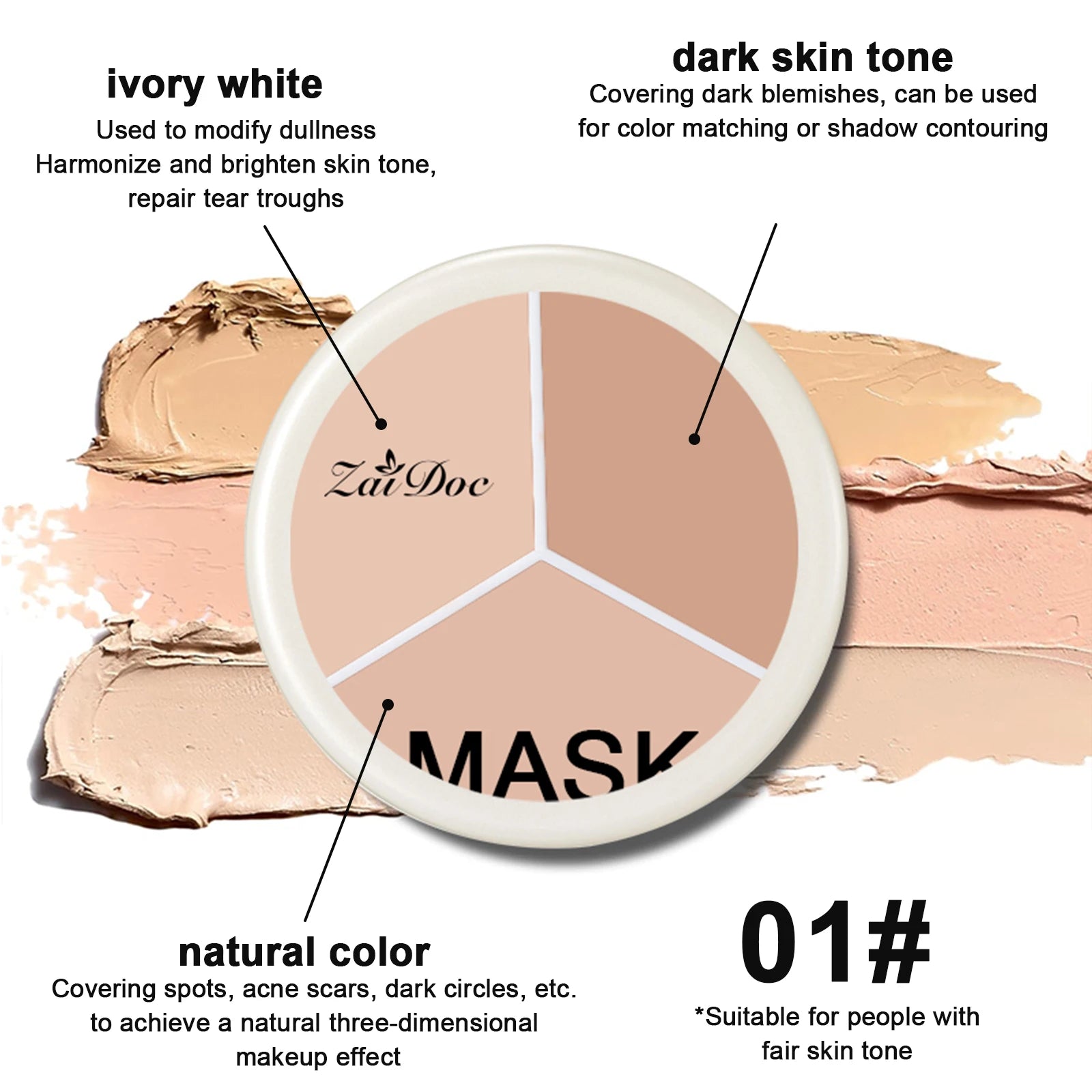 ZaiDoc 3-Color Full Coverage Cream Concealer Palette