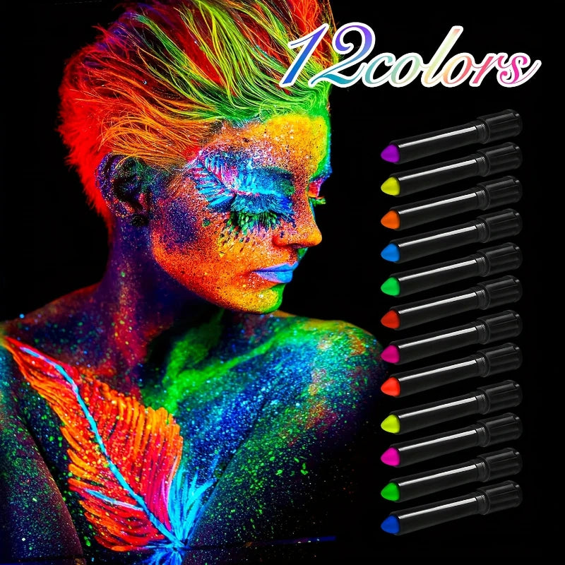 12pcs UV Neon Face Body Paint Kit,Fluorescent Glow in The Dark Face Paint Crayons Sticks for Mardi Halloween Masquerade Makeup