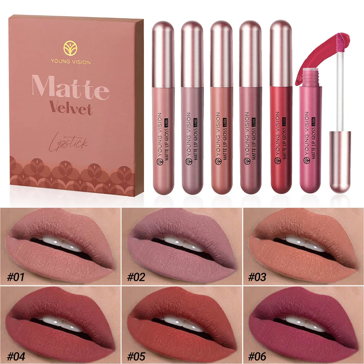 6Pcs/8Pcs Matte Color Lasting Lip Gloss Set Three-Dimensional Plastic Lips Waterproof Anti-Sweat Non-Stick Cup Lipstick Set