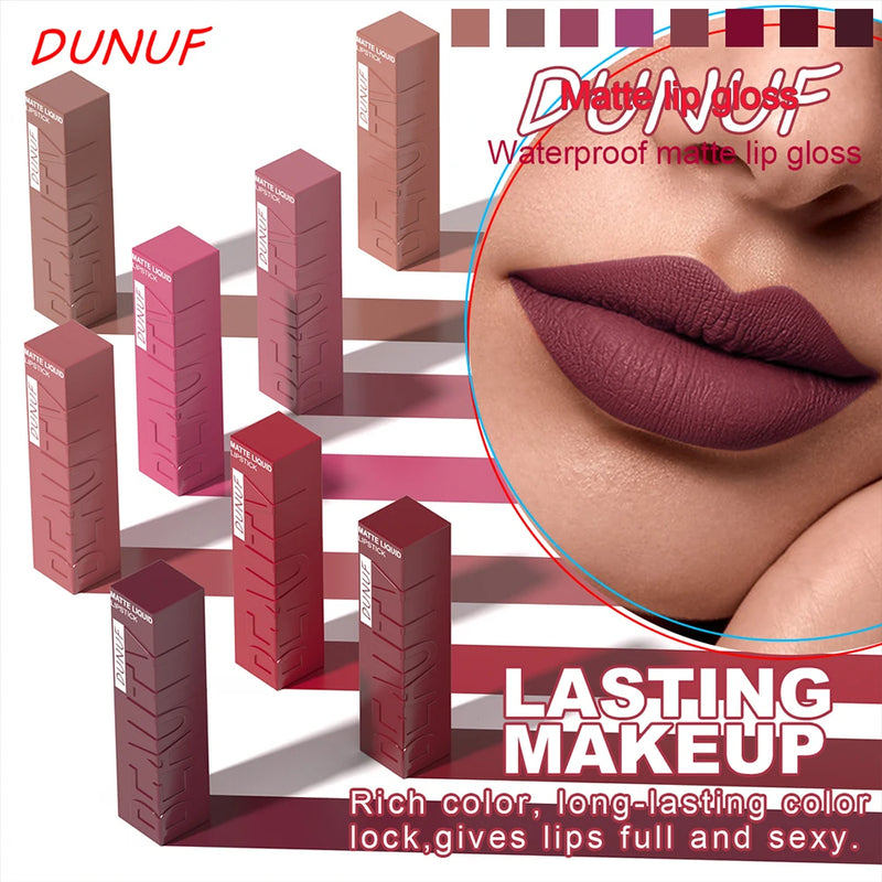 DUNUF 8-Color Matte Velvet Smooth Easy-to-Apply Square Tube Lip Gloss Waterproof Three-Dimensional Plumping Lipstick