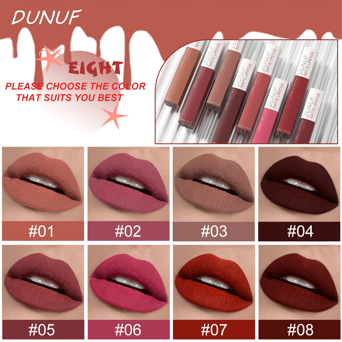 6Pcs/8Pcs Matte Color Lasting Lip Gloss Set Three-Dimensional Plastic Lips Waterproof Anti-Sweat Non-Stick Cup Lipstick Set