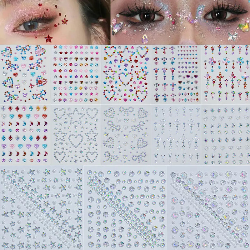 1pcs Laser Sparkle Stars Diamond/Pearls Face Gems Stickers Heart Moon Shape Rhinestones for Eyes/Face Stickers Temporary Tattoos