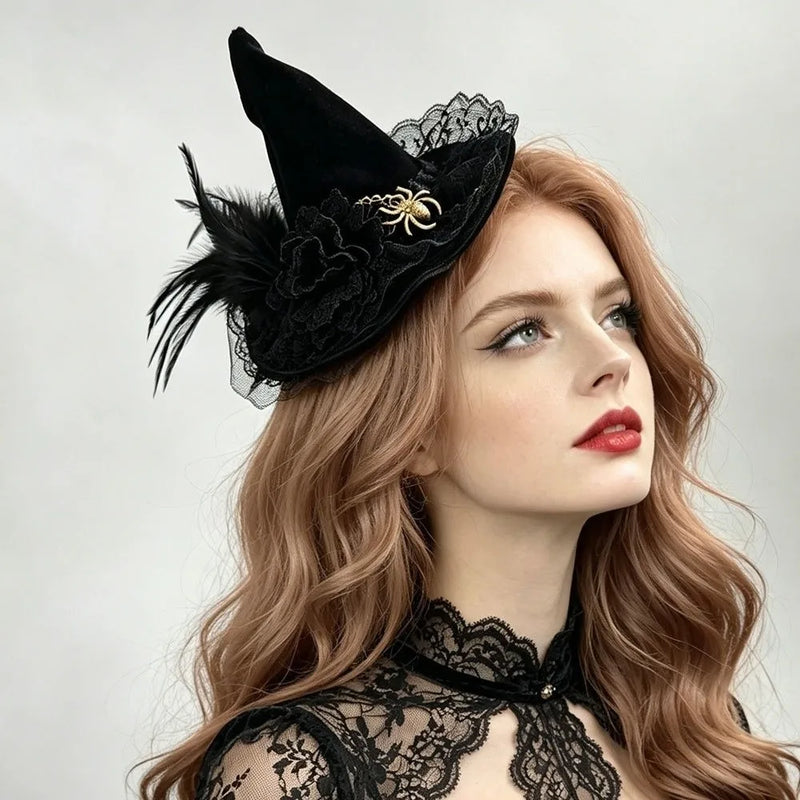Flower Witch Hat Hair Clip Skull Spider Gothic Style Halloween Hair Clip Headdress Dark Black Witch Hairpins Cosplay