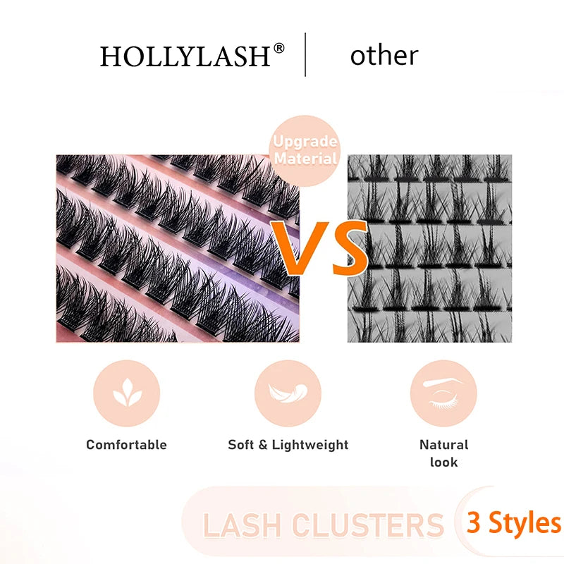 HOLLYLASH Self Adhesive Cluster Lashes Press on Pre Glued Eyelashes Volume Soft No Glue Needed Eyelash Extension Makeup Tools