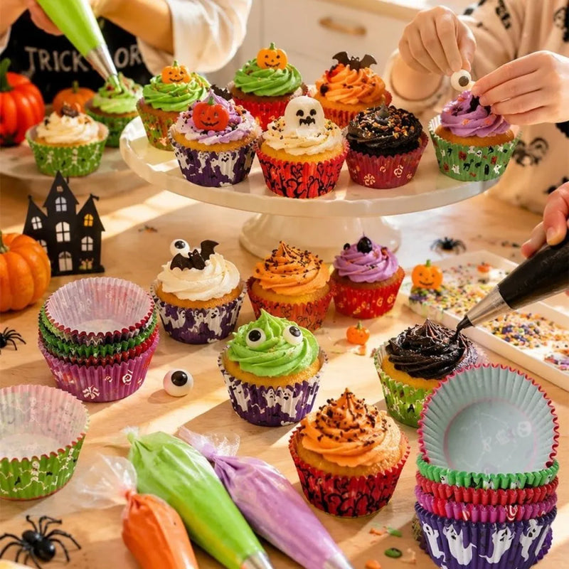 100PCS Halloween Cupcake Liners Ghost Pumpkin Muffin Baking Cups Wrapper Tray Holder DIY Party Candy Cake Decorations Supplies