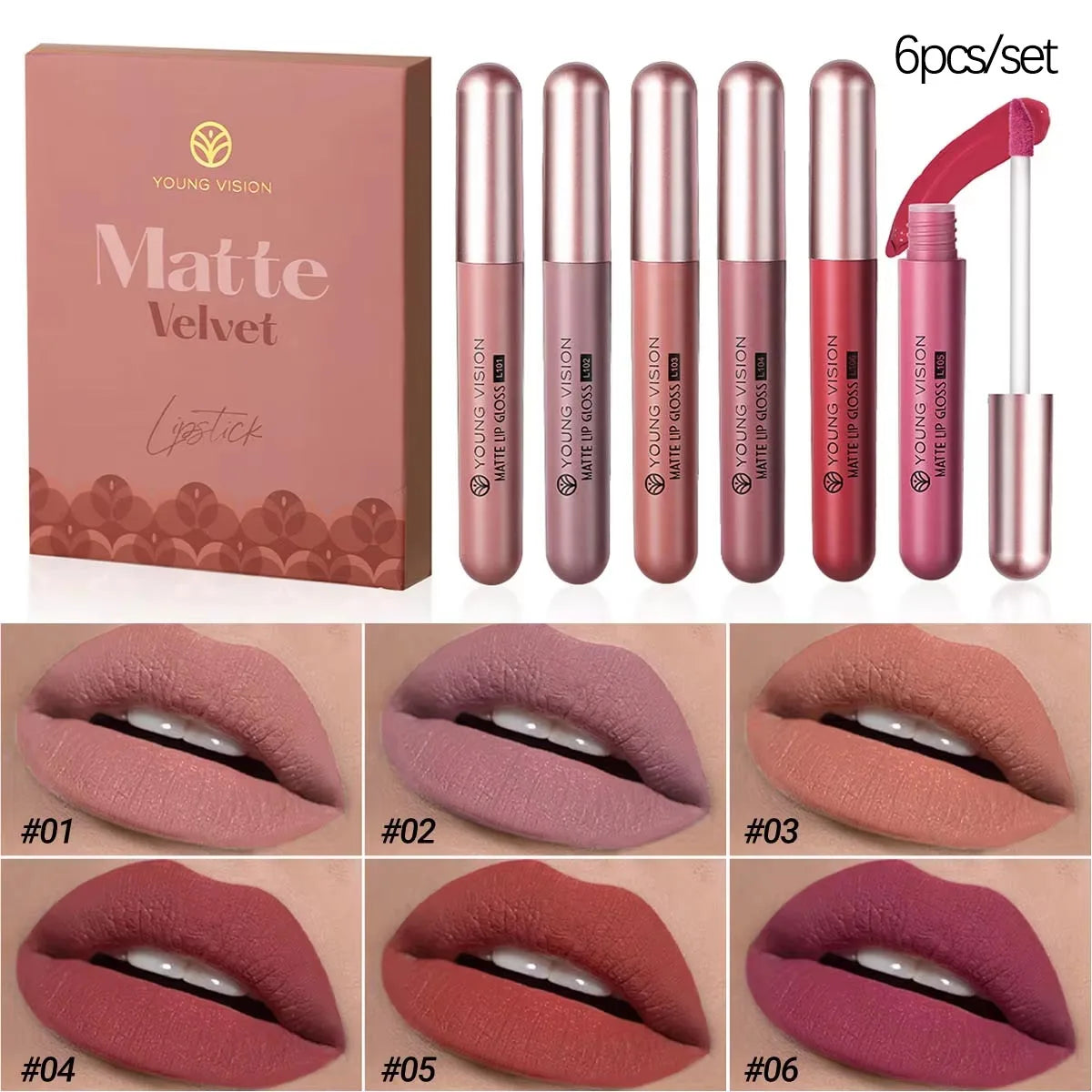 6Pcs/8Pcs Matte Color Lasting Lip Gloss Set Three-Dimensional Plastic Lips Waterproof Anti-Sweat Non-Stick Cup Lipstick Set