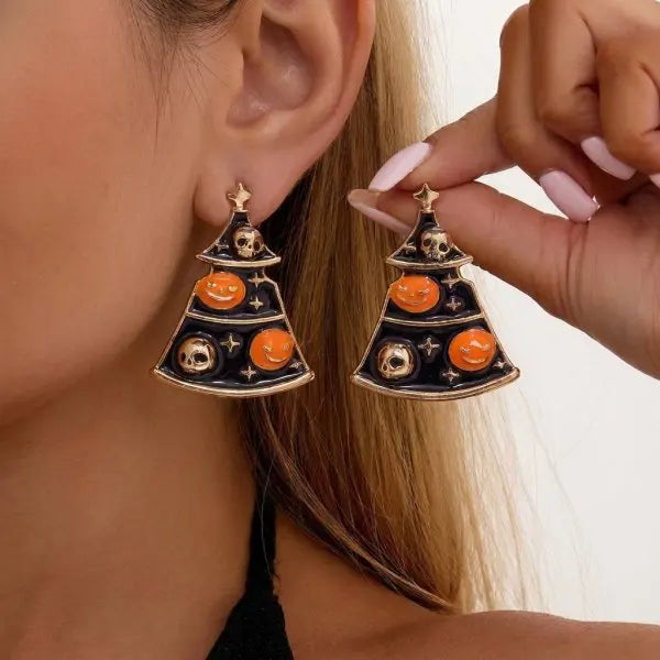 Halloween Pumpkin Dangle Earrings for Women Crystal Zircon Ghost Spider Long Tassel Dripping Oil Earring Party Festival Jewelry