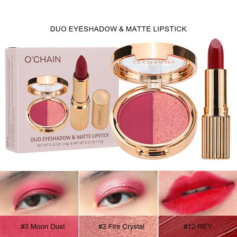 Pearlescent Double-Color Eye Shadow & Matte Lipstick Kit