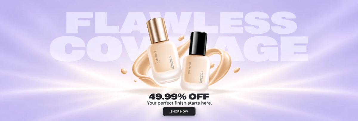 Promotional banner for a flawless makeup product showing two cosmetic bottles with gold and black caps on a purple gradient background with the text 'FLAWLESS COWAGE' and '49.99% OFF'.