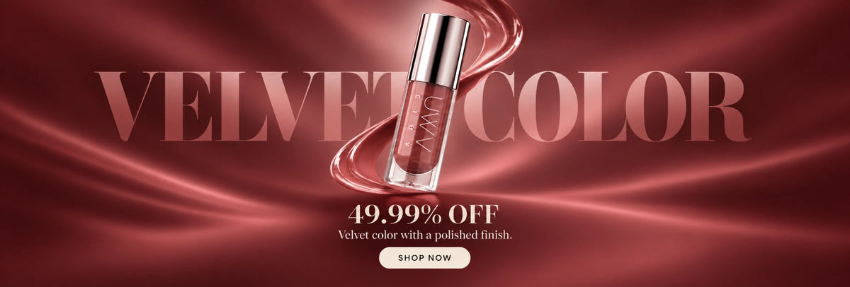 A cosmetic lip gloss tube labeled 'VELVET COLOR' is centered on a rich burgundy satin background with large matching text and a sale message reading '49.99% OFF'.