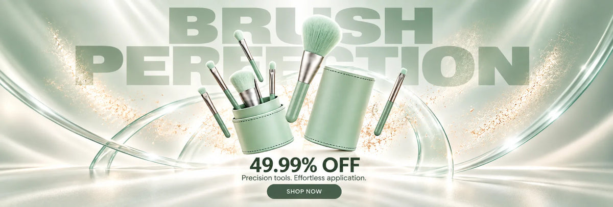 A promotional banner for a makeup brush set, featuring several light sage green makeup brushes and a matching brush holder against a glossy, metallic silver and white background with the text 'BRUSH PERFECTION' and '49.99% OFF'.