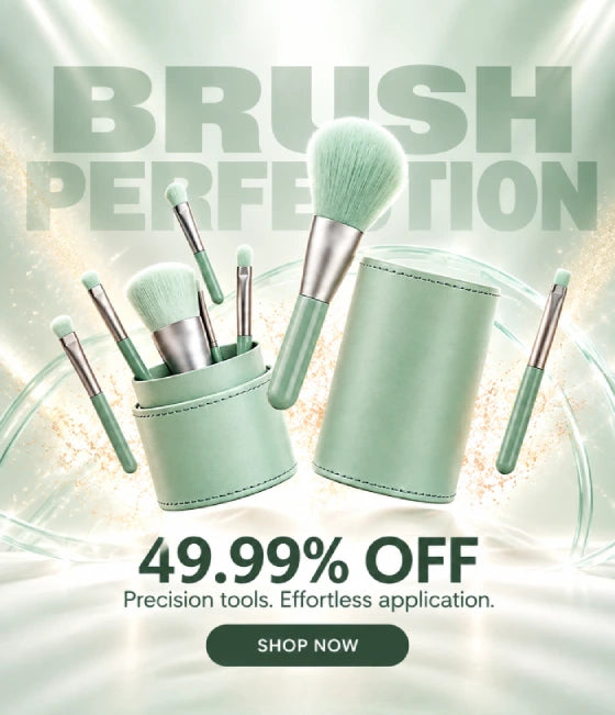 A promotional graphic for a makeup brush set with mint green handles and matching cylindrical cases, shown on a bright white and pale green background with large text reading 'BRUSH PERFECTION' and '49.99% OFF'.